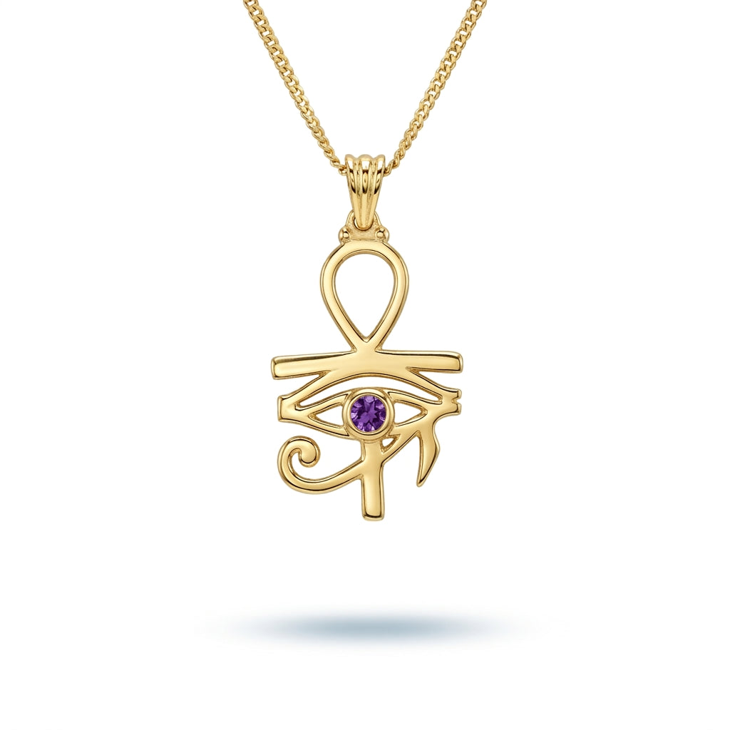 Pharaoh's Eye of Horus Gold Necklace with Purple Stone 925 Silver