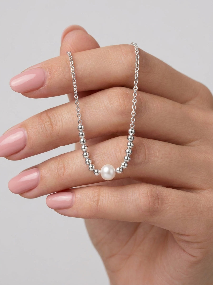 Silver Bead Necklace with Center Pearl, 925 Silver