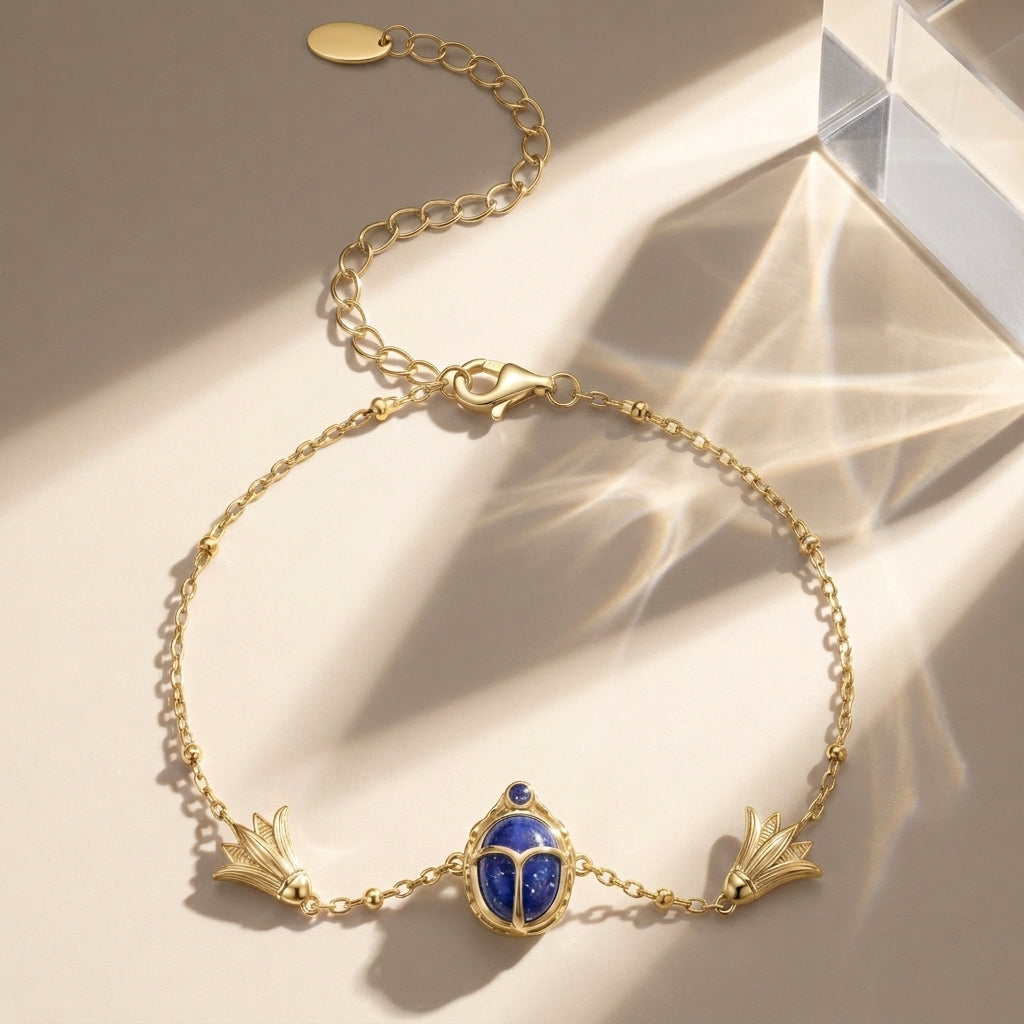 925 Silver Ancient Egyptian Scarab Bracelet with Blue Stone & Lotus Flower – Gold Plated