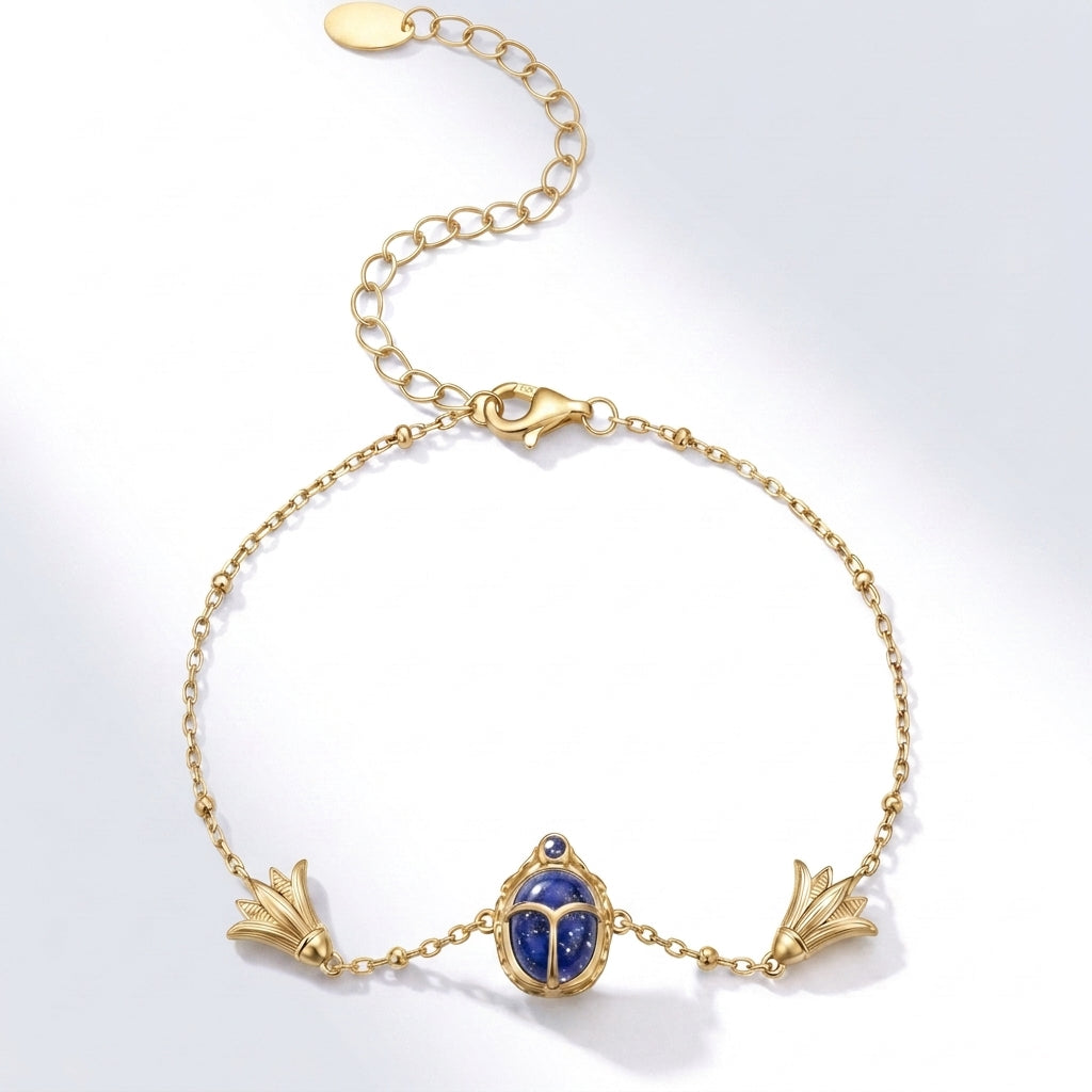 925 Silver Ancient Egyptian Scarab Bracelet with Blue Stone & Lotus Flower – Gold Plated