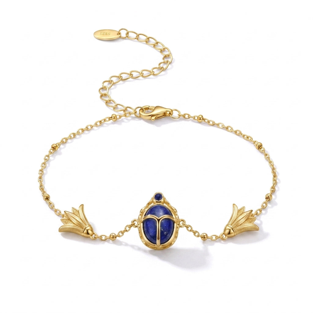 925 Silver Ancient Egyptian Scarab Bracelet with Blue Stone & Lotus Flower – Gold Plated