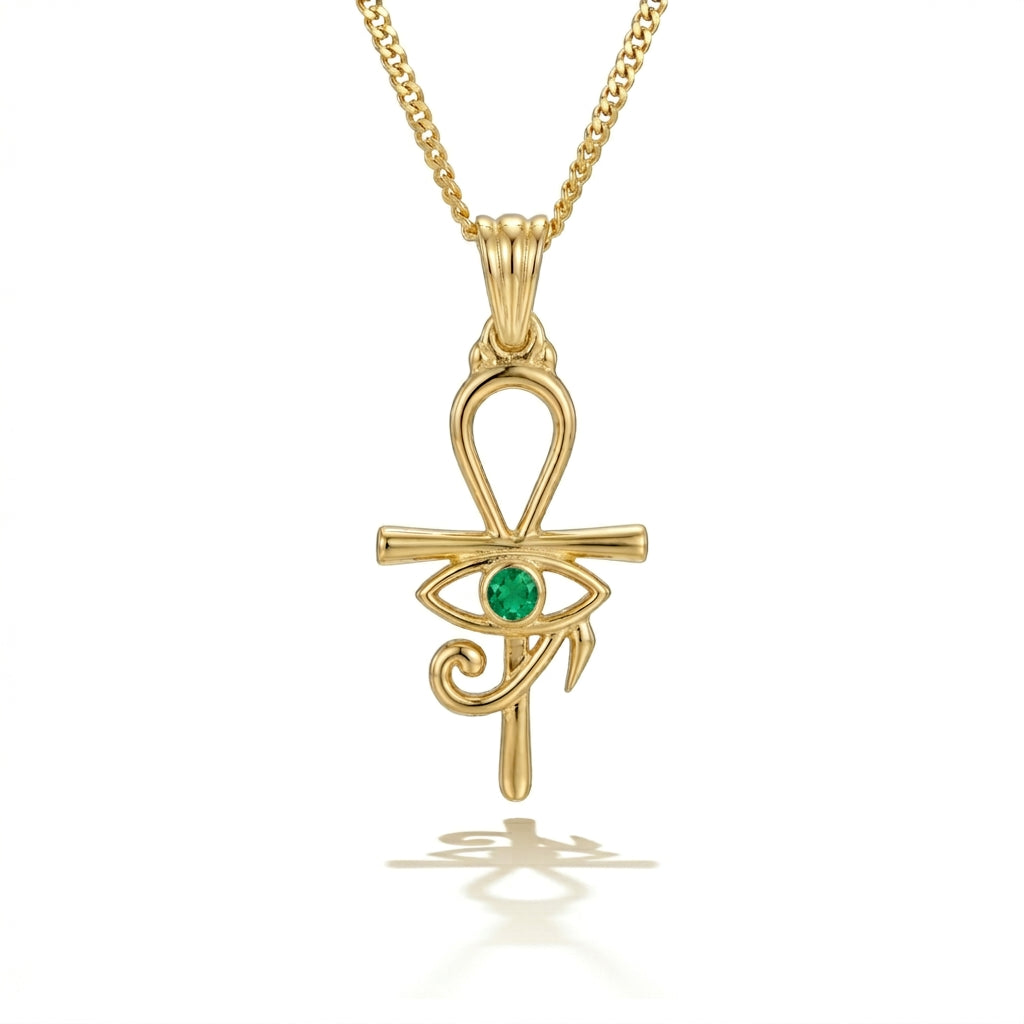 Pharaonic Eye of Horus and Ankh Gold Necklace with Green Stone 925 Silver