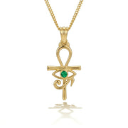 Pharaonic Eye of Horus and Ankh Gold Necklace with Green Stone 925 Silver