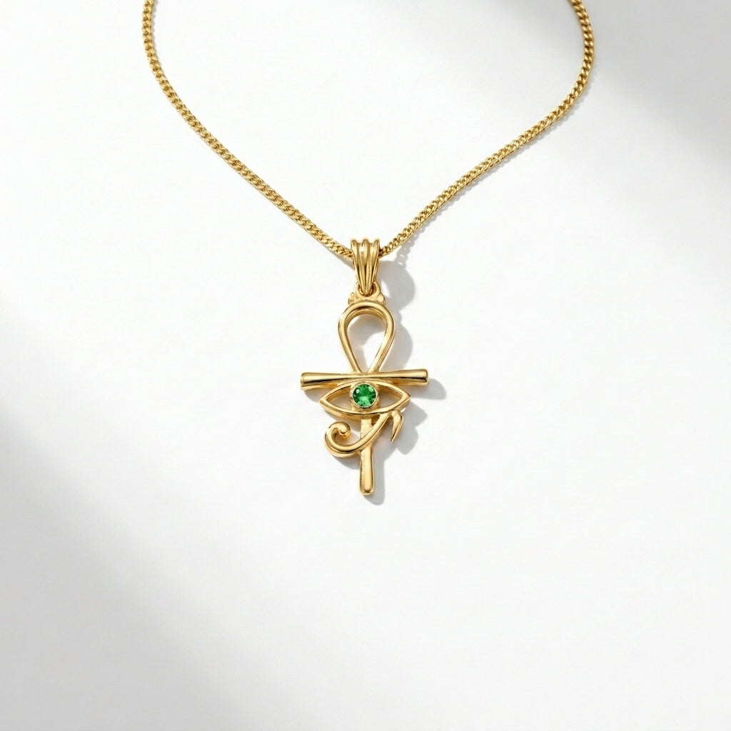 Pharaonic Eye of Horus and Ankh Gold Necklace with Green Stone 925 Silver