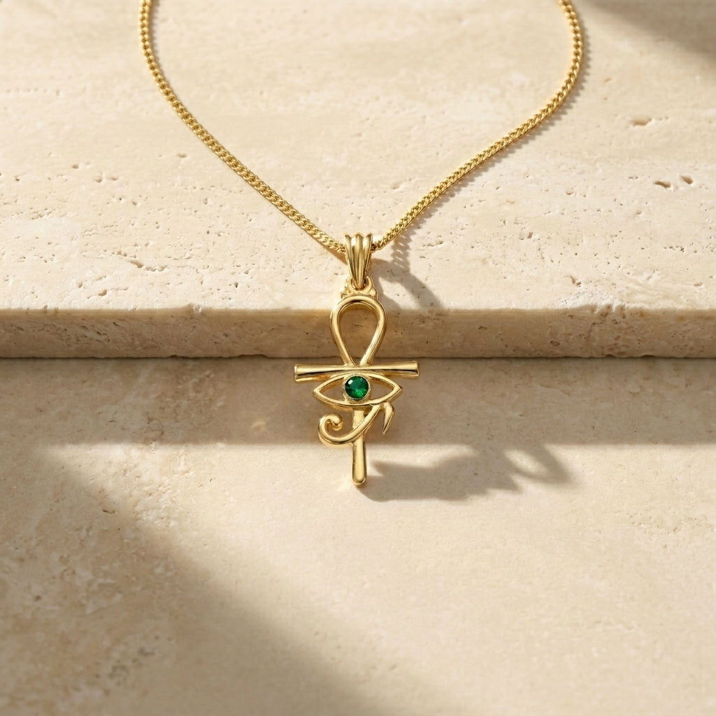 Pharaonic Eye of Horus and Ankh Gold Necklace with Green Stone 925 Silver