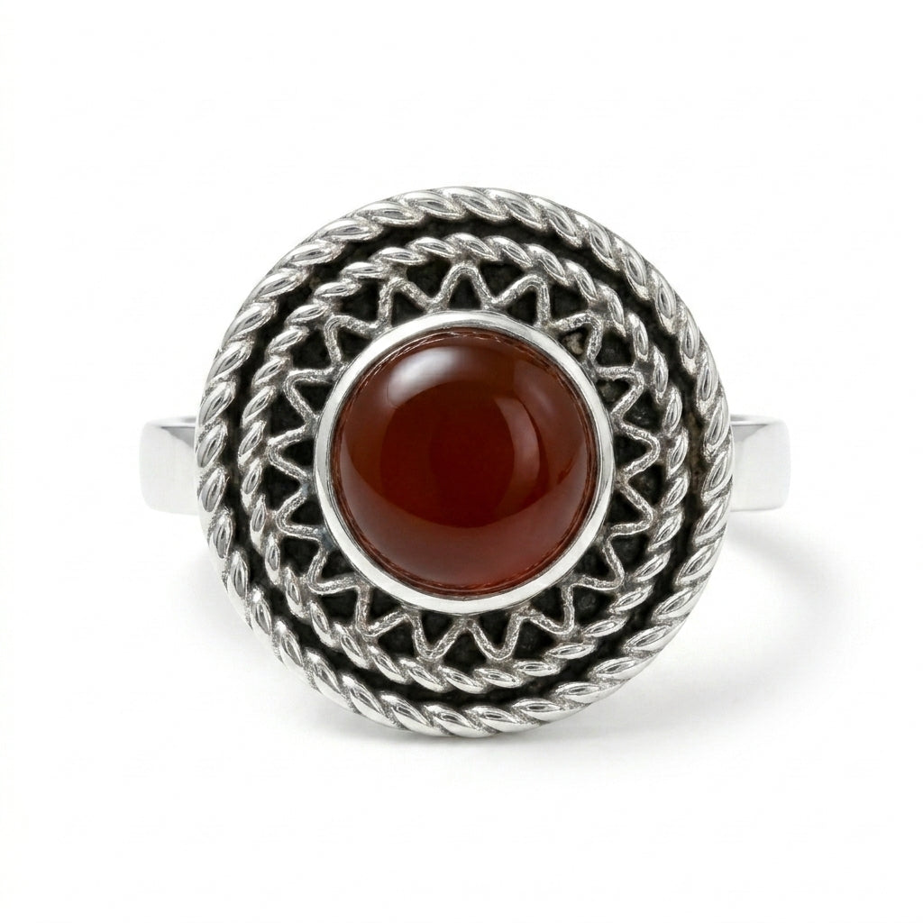 925 Silver Ring with a Round Red Agate Stone