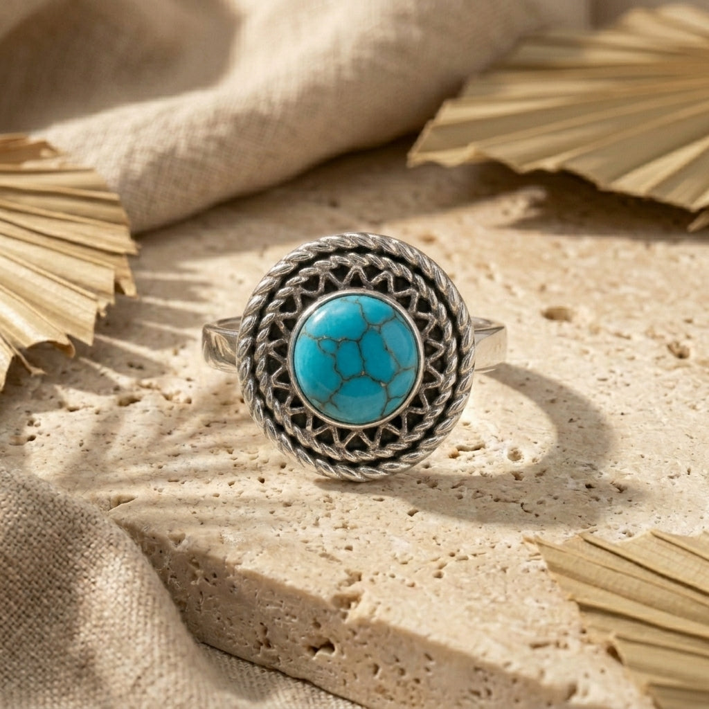 925 Silver Heritage-Inspired Round Ring with Turquoise Stone