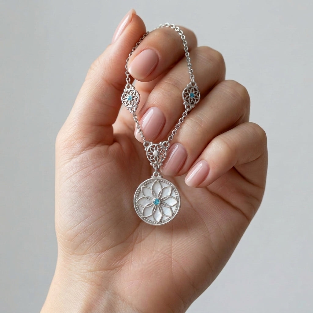 Floral Mother-of-Pearl Necklace with Aquamarine Stone, 925 Silver