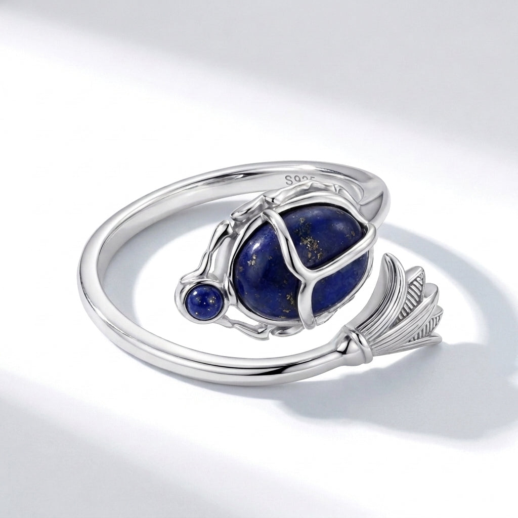 925 Silver Ancient Egyptian Scarab Ring with Blue Stone