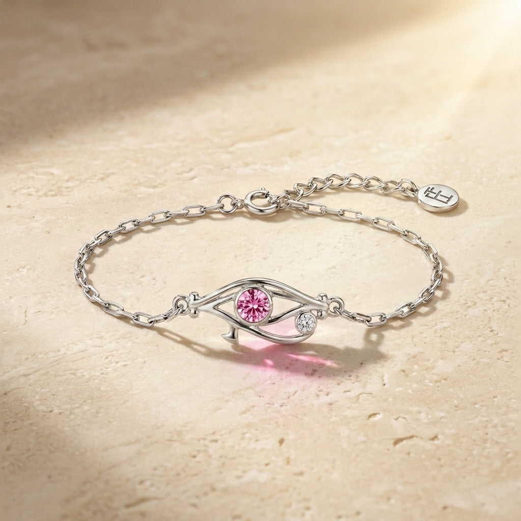 Pharaoh's Eye of Horus Silver Bracelet with Pink Stone 925 Silver