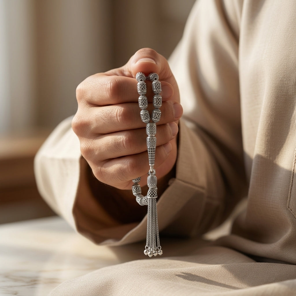سبحة رجالي بحبات مزخرفة - 33 حبة فضة عيار 925