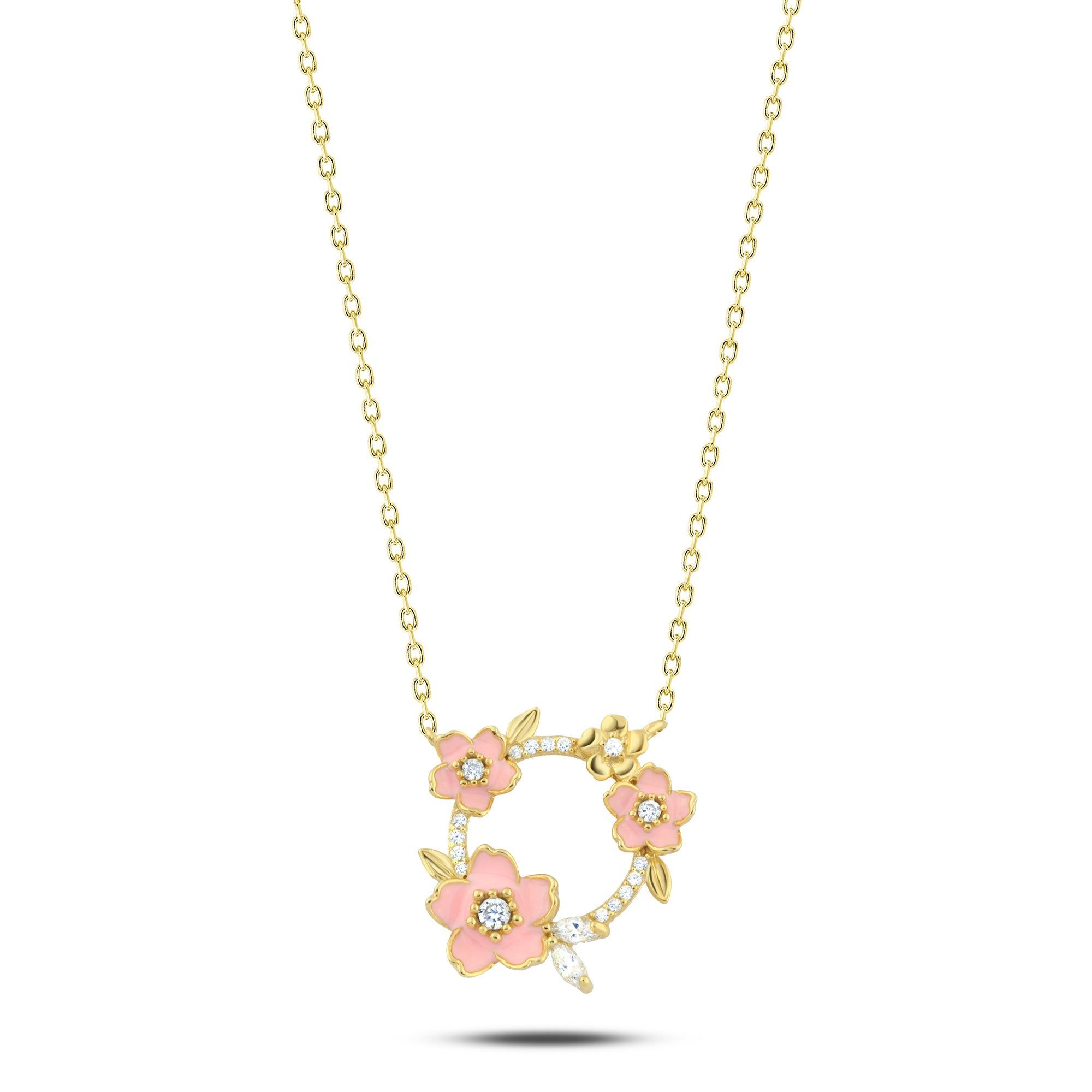 عقد فضة عيار 925 مطلي ذهب بتصميم زهور وردية