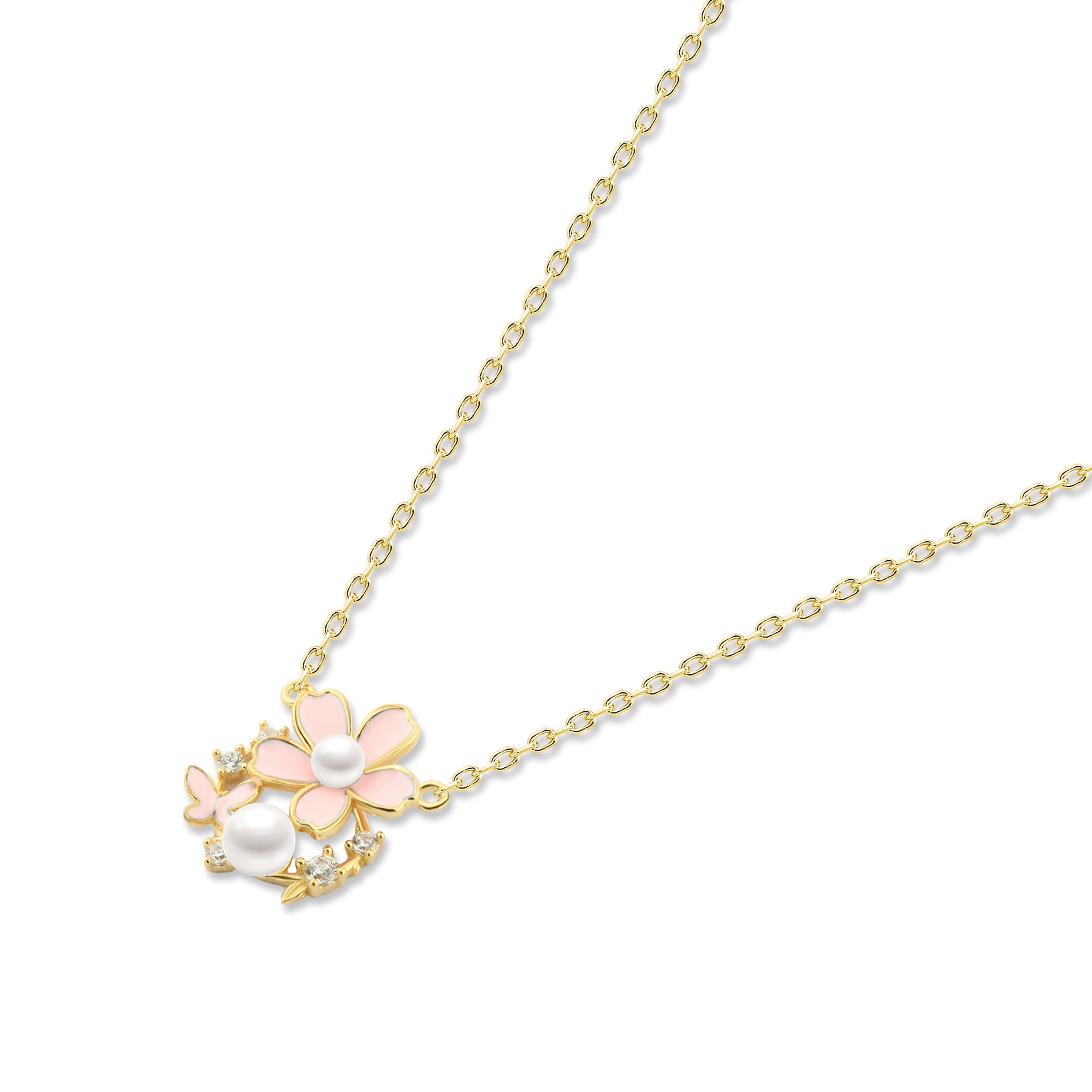 عقد زهرة وردية مع لؤلؤ مطلي ذهب فضة عيار 925