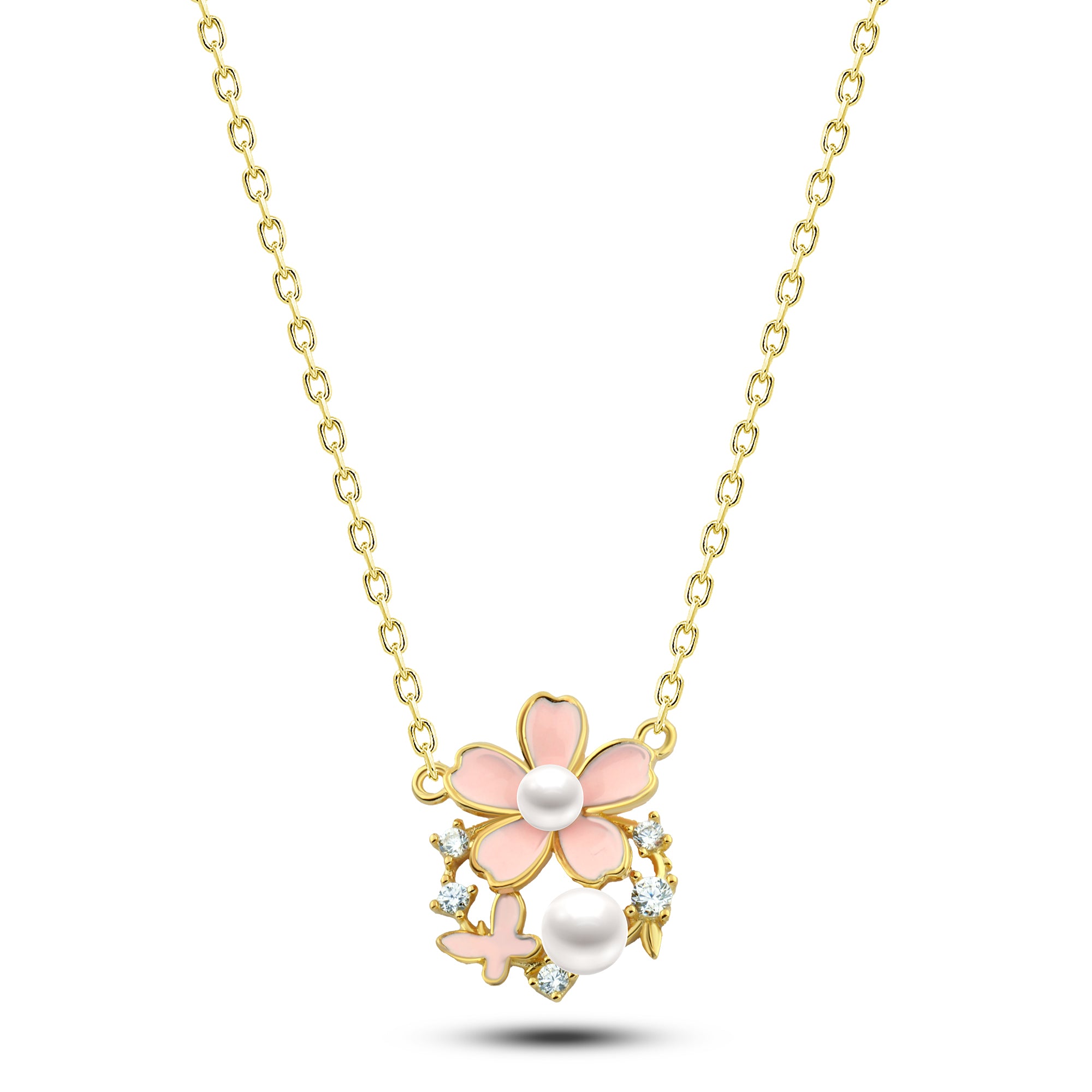 عقد زهرة وردية مع لؤلؤ مطلي ذهب فضة عيار 925