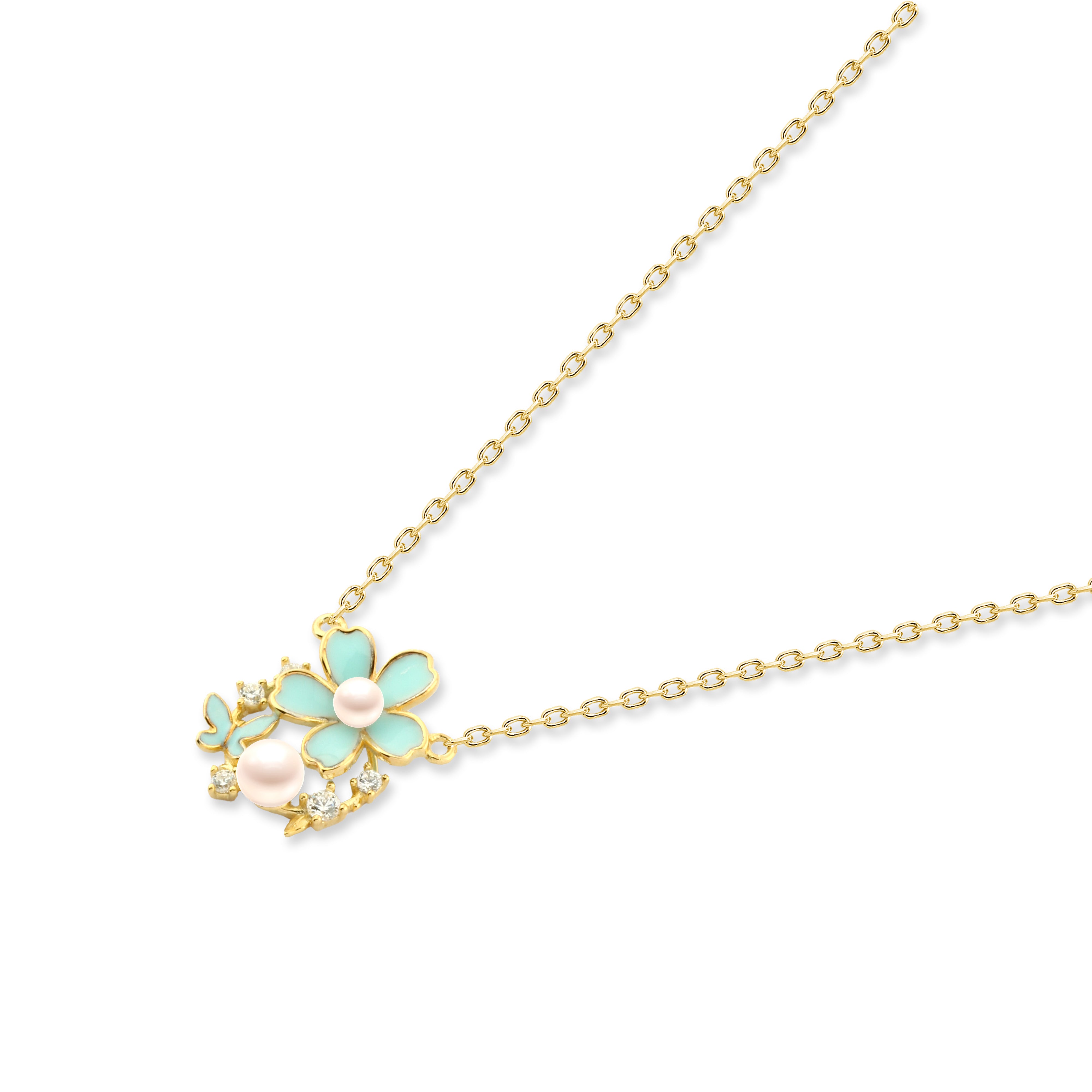 Turquoise Flower Necklace with a Pearl and Butterfly – 925 Silver, Gold Plated