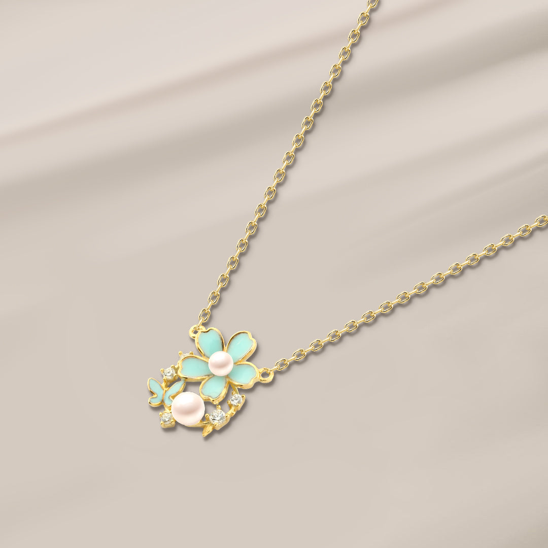 Turquoise Flower Necklace with a Pearl and Butterfly – 925 Silver, Gold Plated