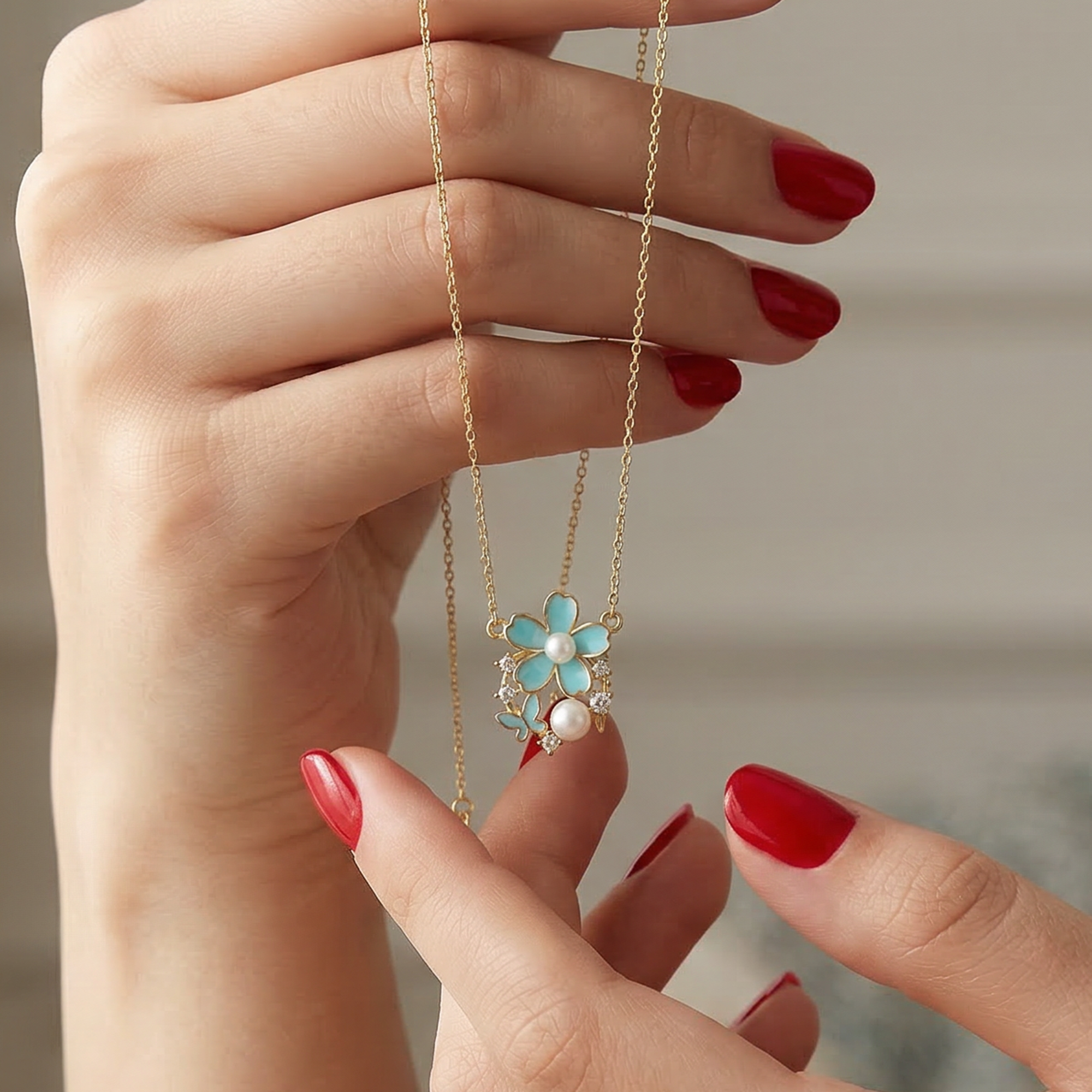 Turquoise Flower Necklace with a Pearl and Butterfly – 925 Silver, Gold Plated