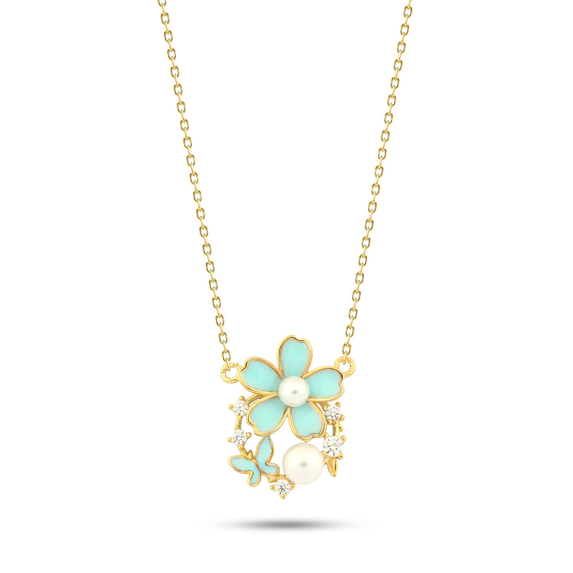 Turquoise Flower Necklace with a Pearl and Butterfly – 925 Silver, Gold Plated