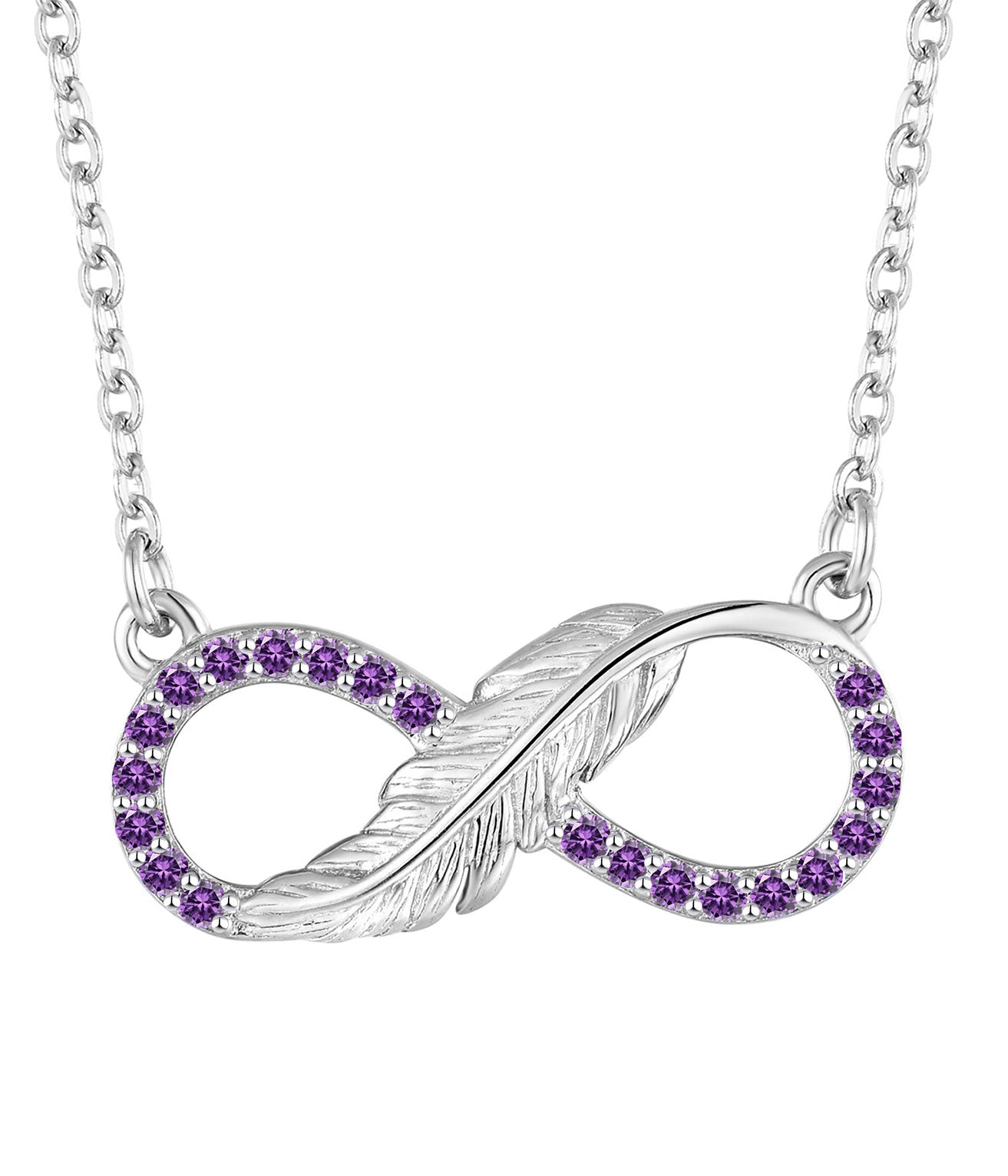 Eternity Symbol Necklace – Infinity Pendant with Feather and Purple Zircon Stones


