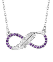 Eternity Symbol Necklace – Infinity Pendant with Feather and Purple Zircon Stones

