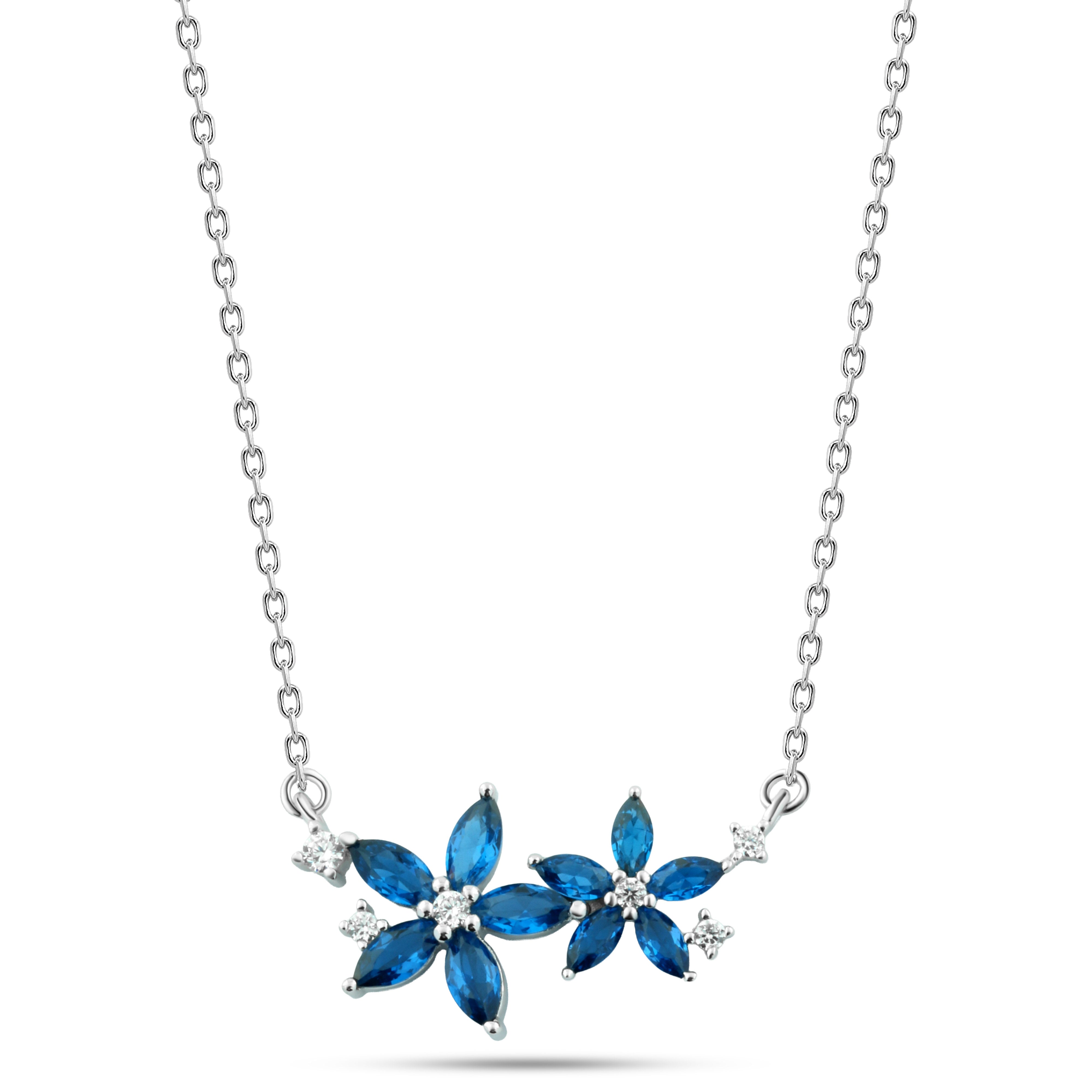 925 Silver Necklace with Floral Design and Blue Stone