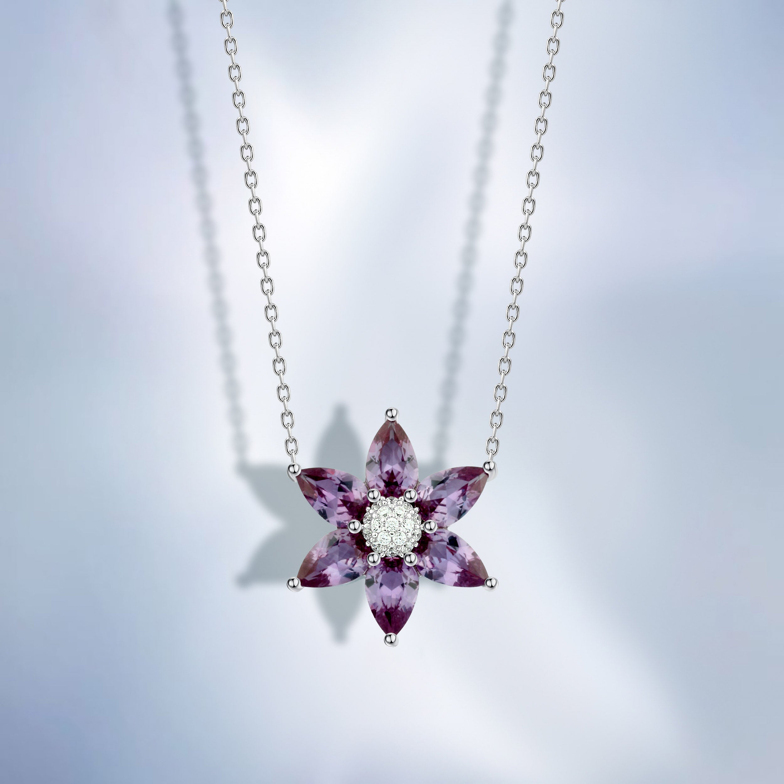 عقد فضة 925 بفصوص بنفسجي شكل زهرة