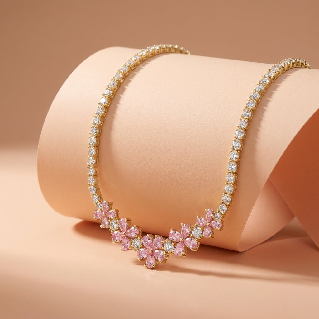 925 Silver Soft Pink Flower Necklace – Gold Plated
