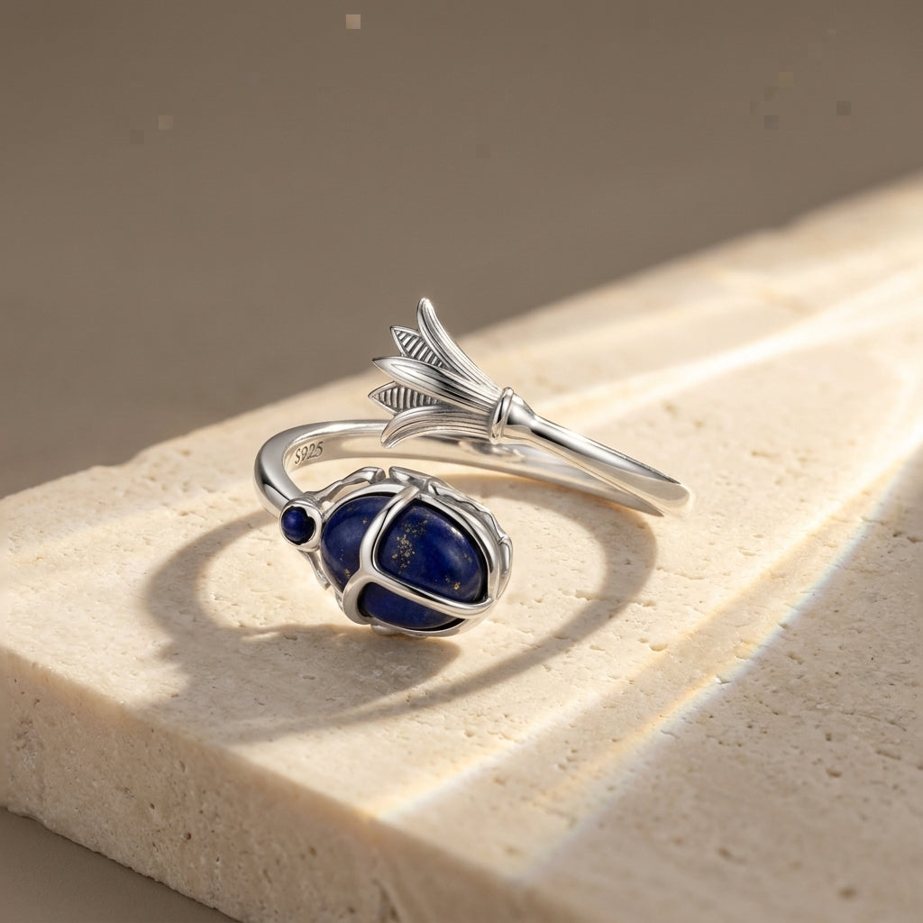 925 Silver Ancient Egyptian Scarab Ring with Blue Stone