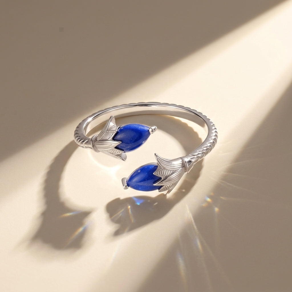 925 Silver Ancient Egyptian Lotus Flower Ring with Blue Stone