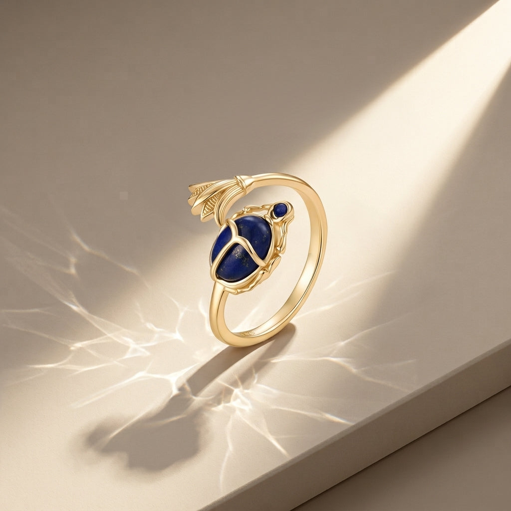 Gold-Plated 925 Silver Ancient Egyptian Scarab Ring with Blue Stone