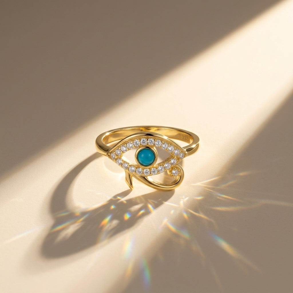 Eye of Horus Ring with Zircon Stones Gold-Plated 925 Silver