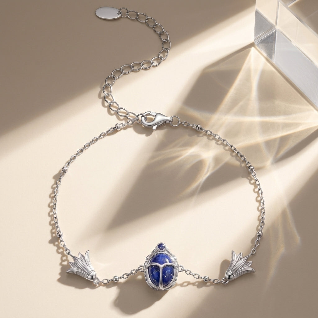 925 Silver Ancient Egyptian Scarab Bracelet with Blue Stone & Lotus Flower