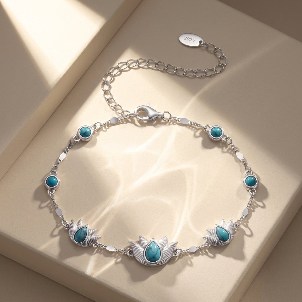 925 Silver Ancient Egyptian Lotus Flowers Bracelet with Turquoise Stones