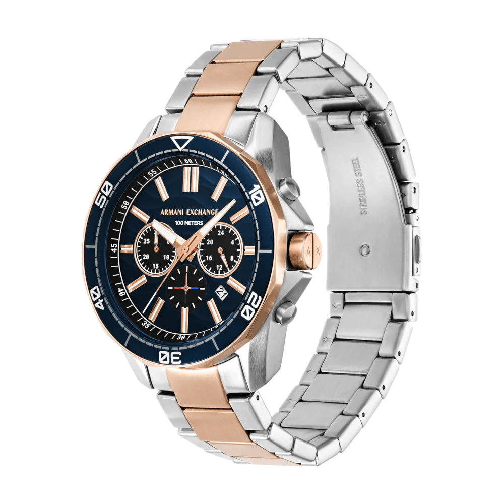 Armani Exchange Men's Chronograph Watch – Blue Dial with Two-Tone Rose Gold Stainless Steel Bracelet