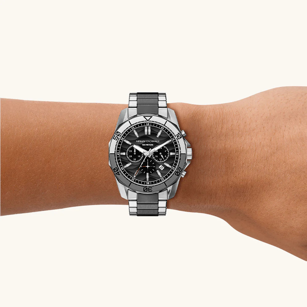 Armani Exchange Men's Chronograph Watch – Black Dial with Two-Tone Gray Stainless Steel Bracelet