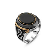 Men's Silver Ring with Natural Black Onyx and Golden Decorative Accents

