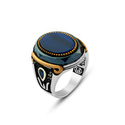 Men’s 925 Silver Ring with Blue Lapis Stone and Onyx Frame