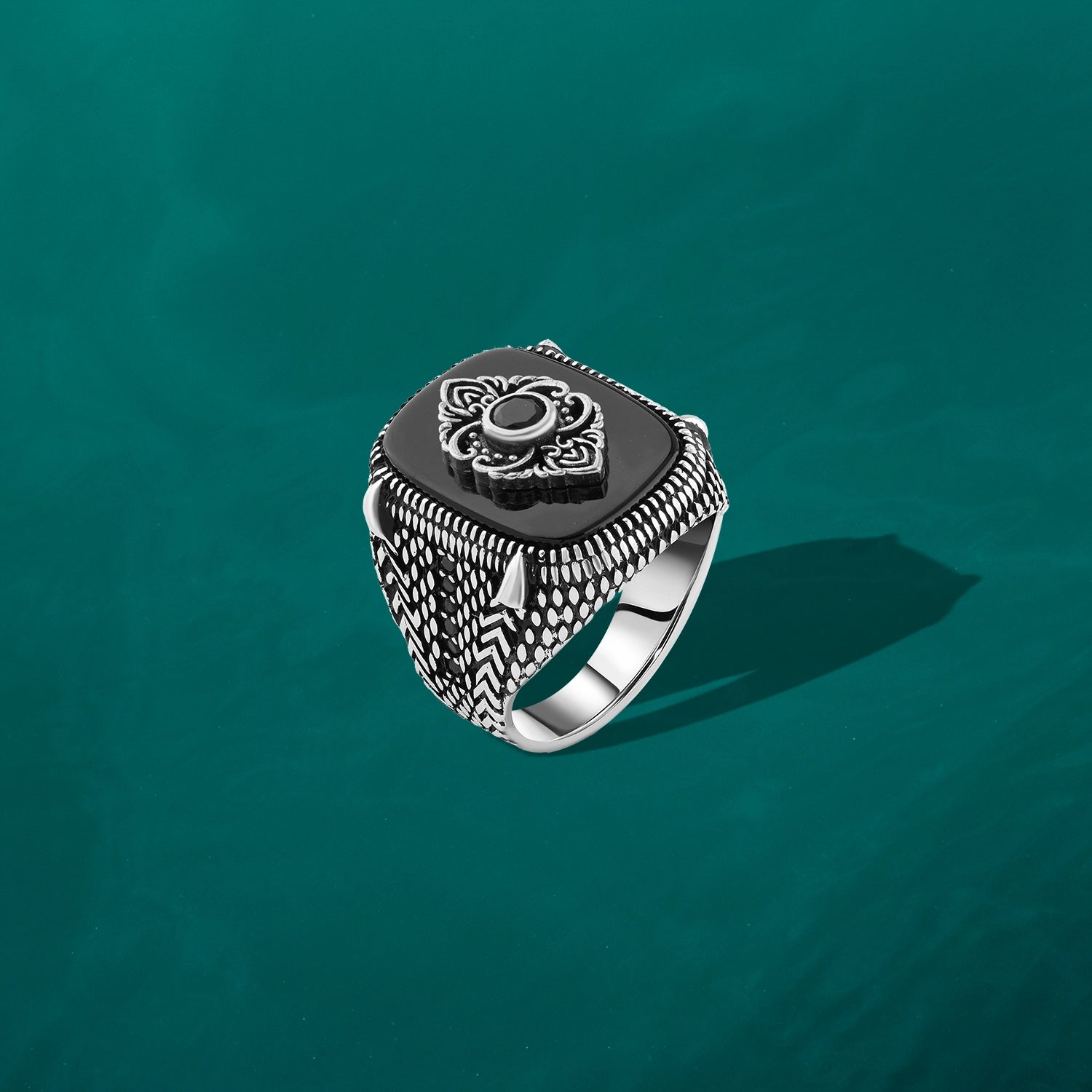 Men’s Square Ring with Black Onyx and Engraved Silver Ornament

