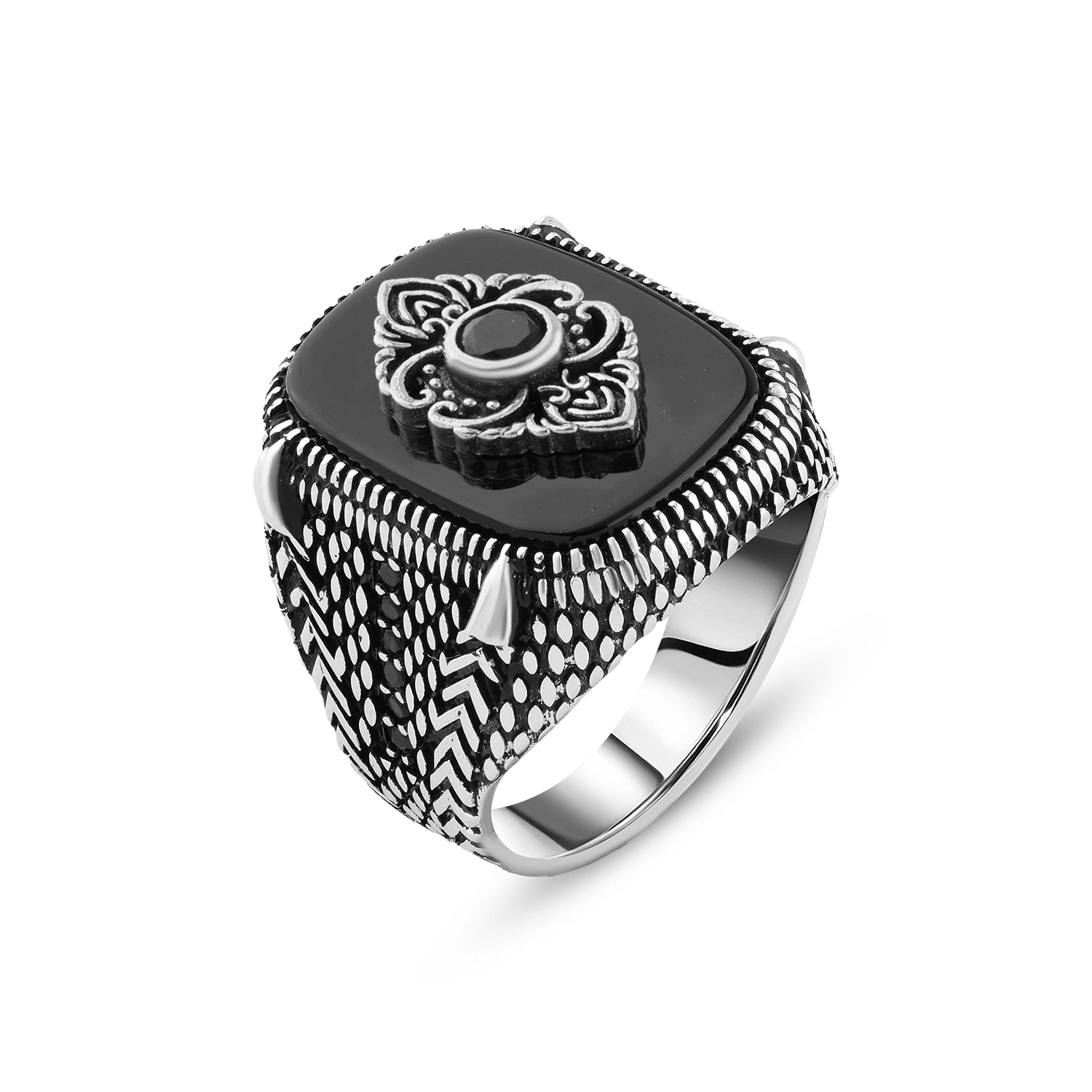 Men’s Square Ring with Black Onyx and Engraved Silver Ornament

