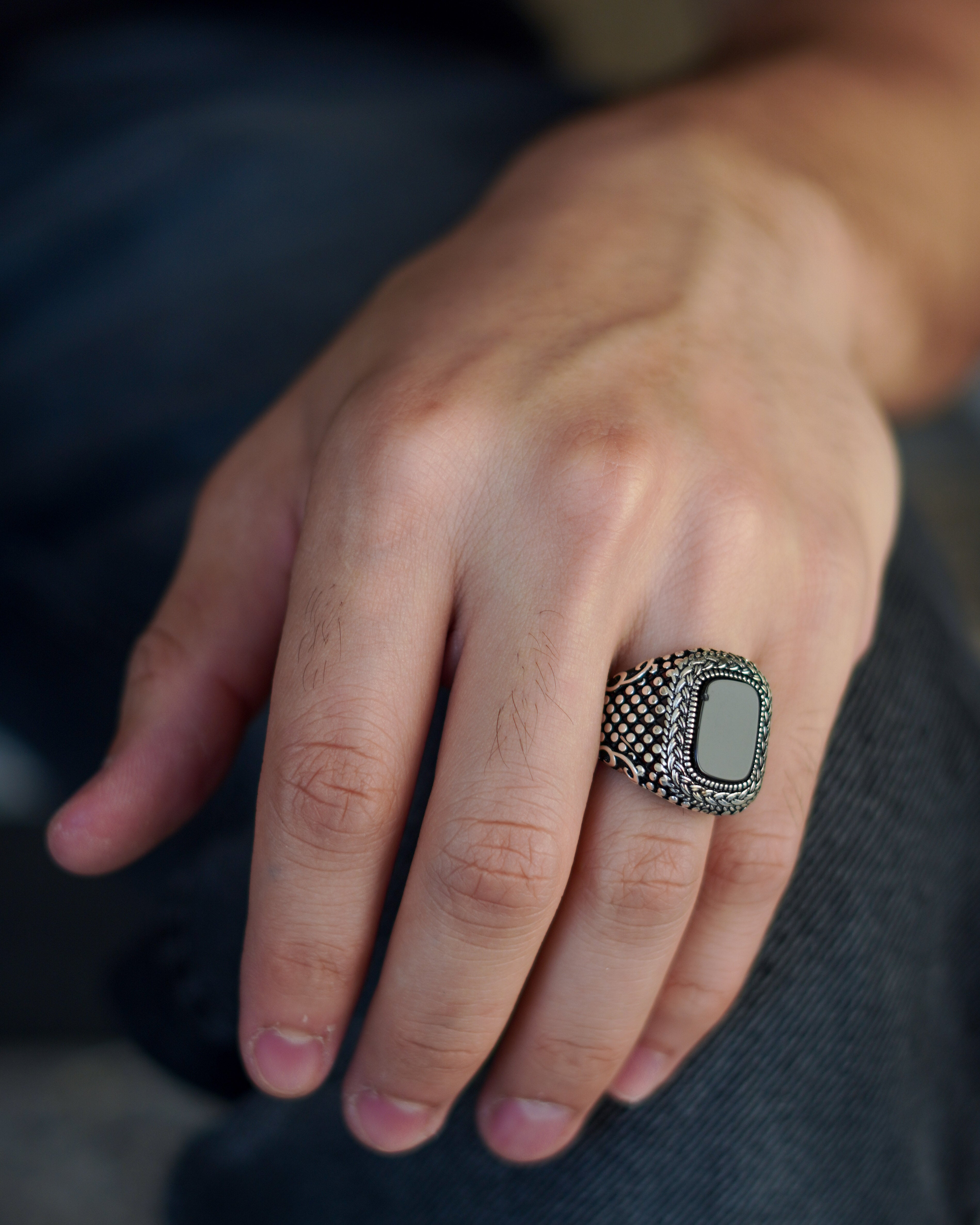 Men’s Square Ring with Natural Onyx Stone and Engraved Silver Detailing

