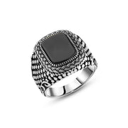 Men’s Square Ring with Natural Onyx Stone and Engraved Silver Detailing


