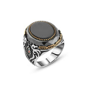 Men’s Silver Ring with Black Onyx, Gold Detailing, and Ornamental Side Engraving

