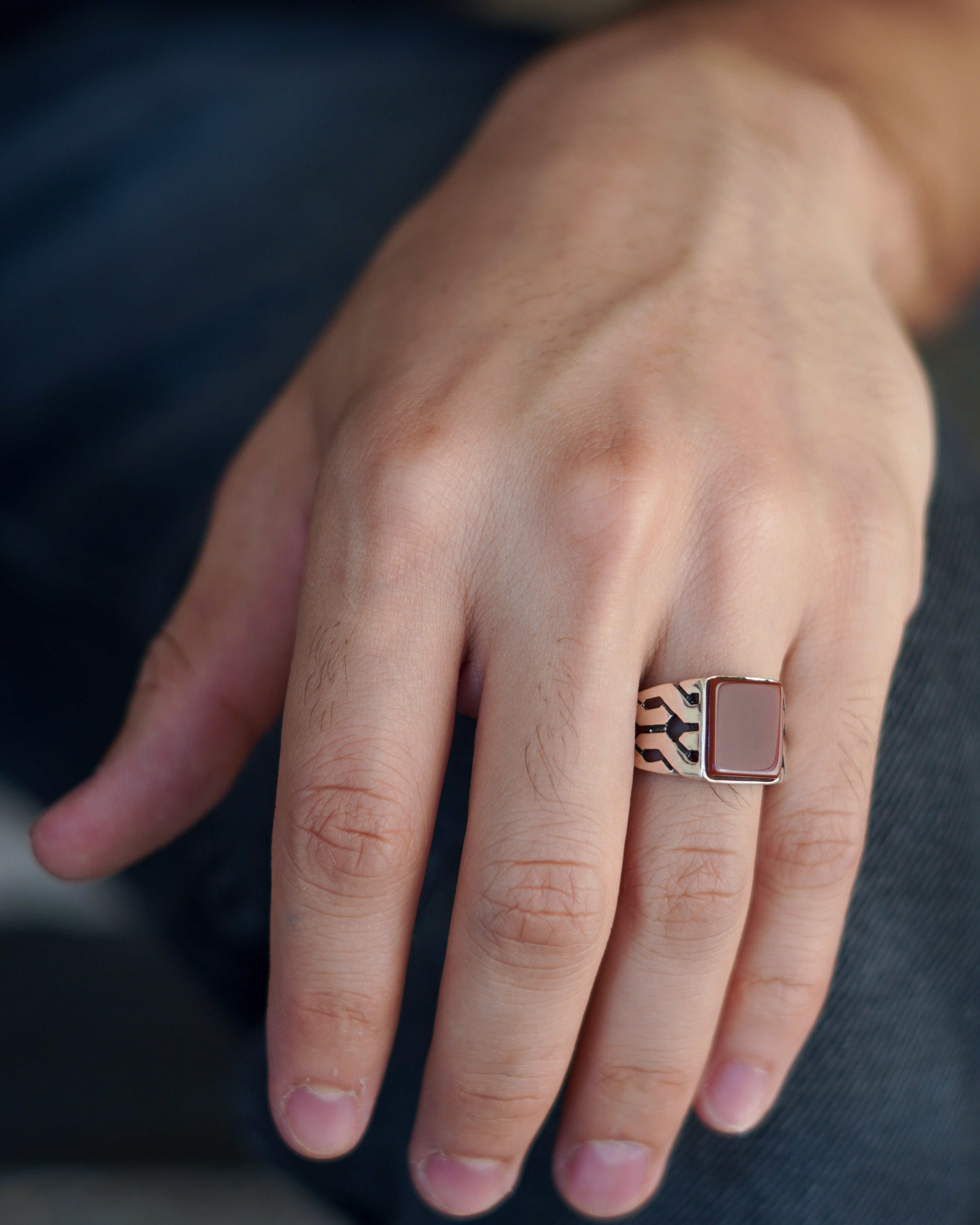 Men’s Silver Ring with Dark Rectangular Carnelian Stone