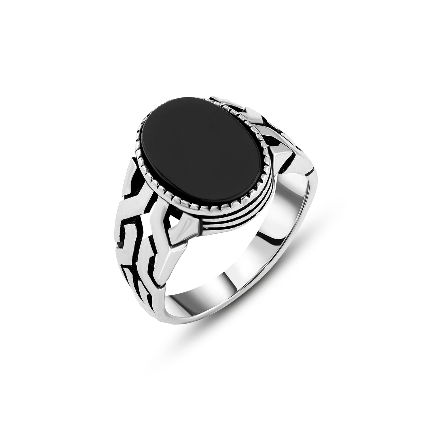 Men’s Silver Ring with Natural Black Onyx Stone and Geometric Side Des ...