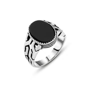 Men’s Silver Ring with Natural Black Onyx Stone and Geometric Side Design