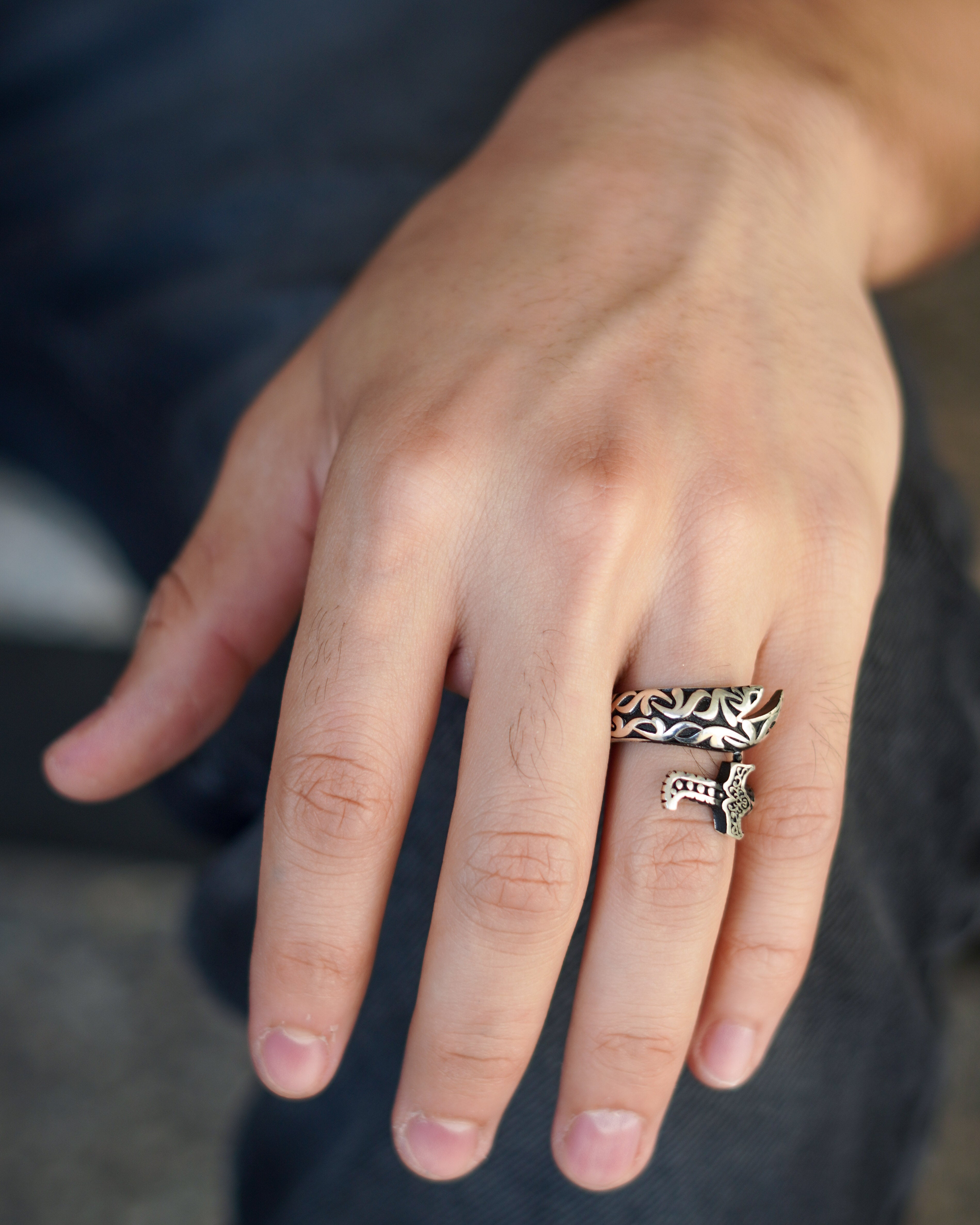 Men's Silver Ring with Open Sword Design and Arabic Engravings