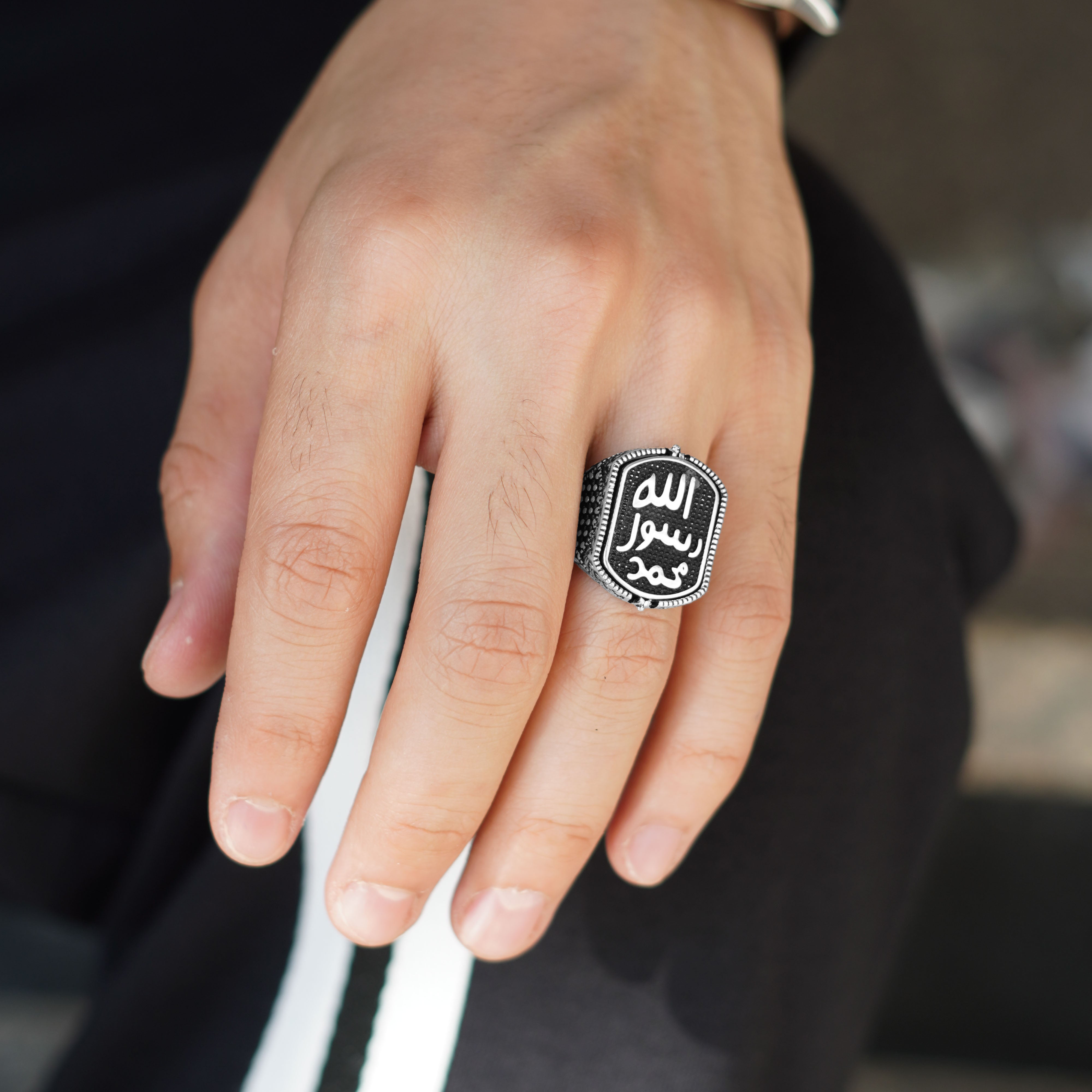 Men's Silver Ring with Black Agate Stone and Traditional Engraving