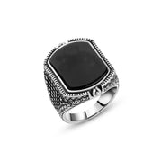 Men's Silver Ring with Black Agate Stone and Traditional Engraving