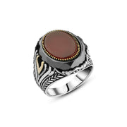 Men's Silver Ring with Red Agate Stone and Gold Detailing

