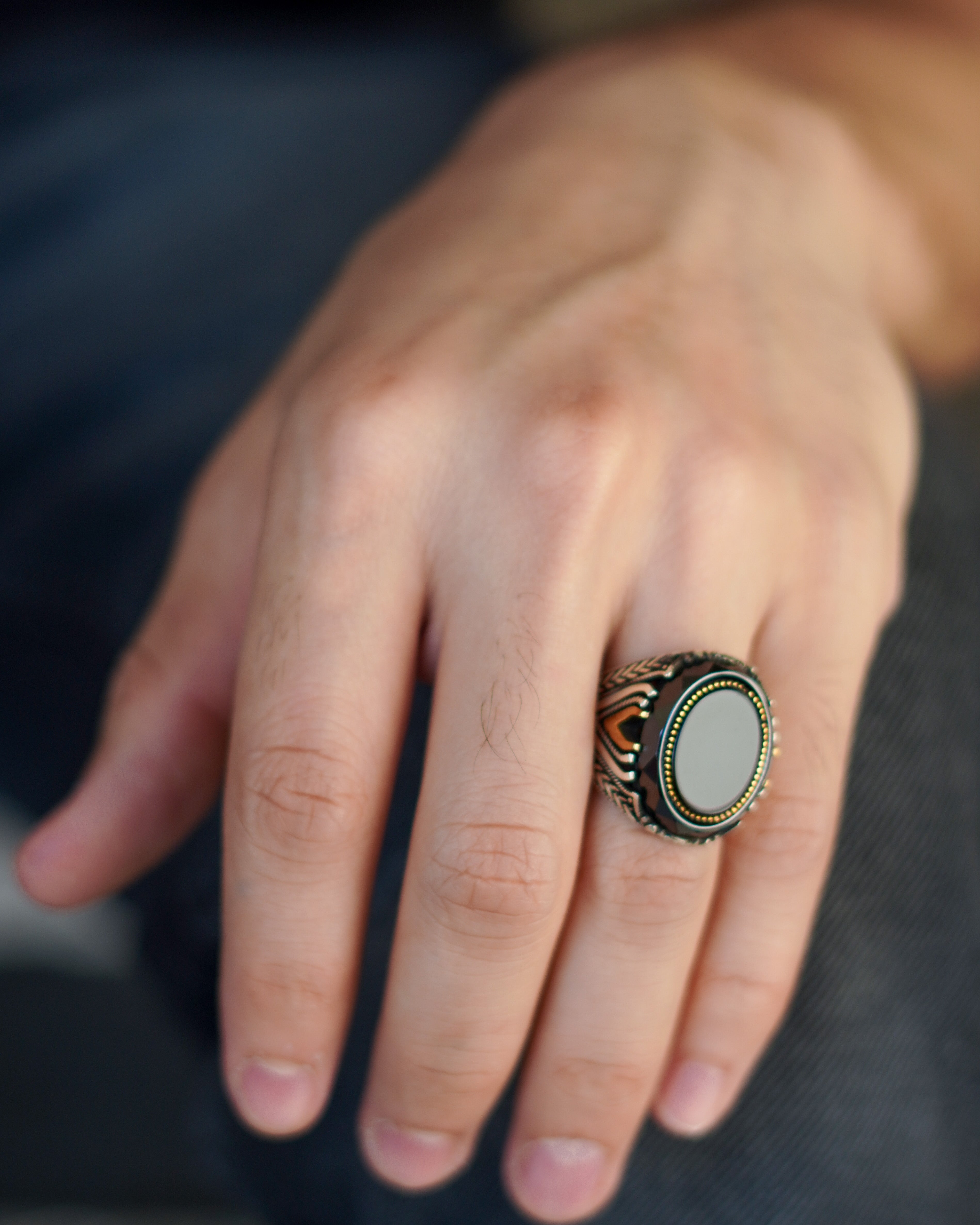 Men’s Silver Ring with Black Agate Stone and Gold-Plated Details

